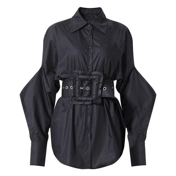 Three-Dimensional Hump Long Sleeve Design Cut Cotton Belt Loop Chic Personalized Mid-Length Solid Color Shirt
