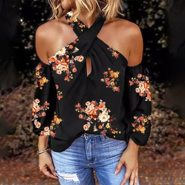 Summer Printed Long Sleeve Halter Sexy Backless Loose Top Women