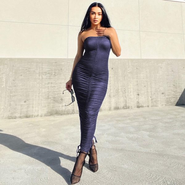 Women Clothing Summer Sexy Tube Top Dress Ruched Slim Fit Sheath Dress Women