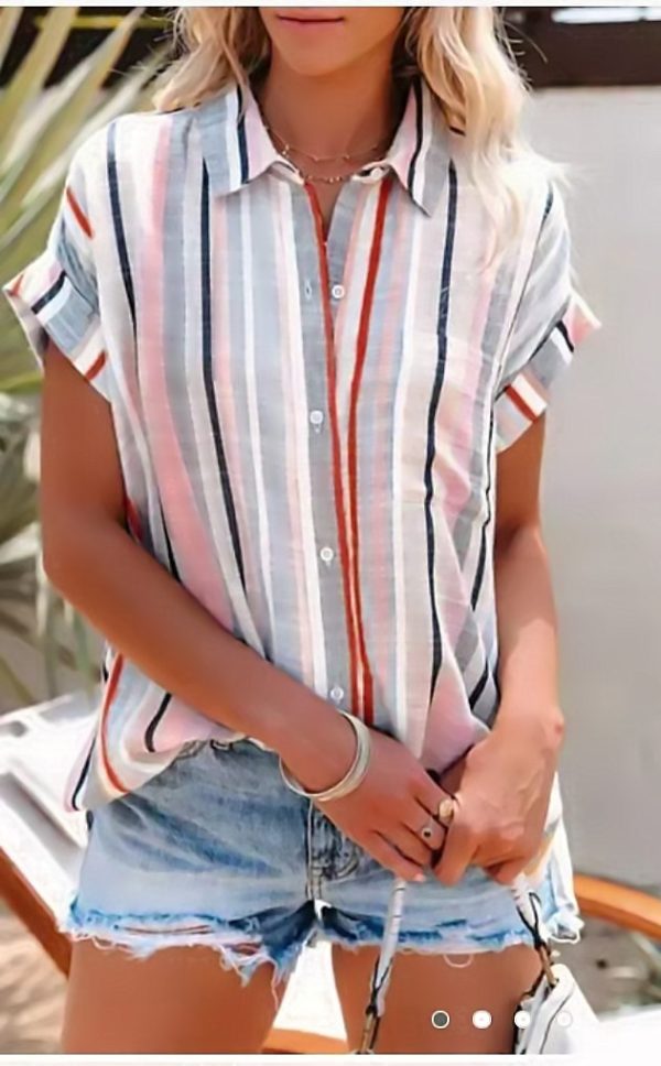 Women Clothing Summer Striped Short-Sleeved Women Shirt Casual Top