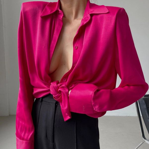 Autumn Winter Women Clothing Long Sleeve Collared Elegant Sexy Satin Right-Angle Shoulder Office Design Pink Shirt