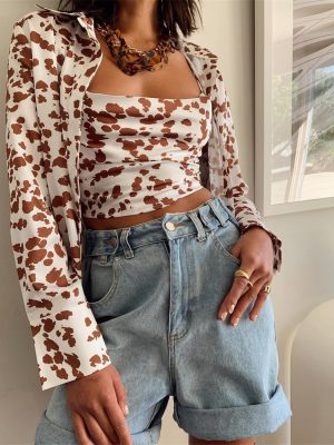 Women Clothing Fashion Shirt Leopard Print Long Sleeve Plus Size Shirt Two-Piece Set