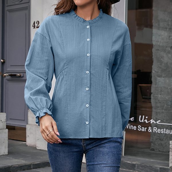 Office Slim Fit Ruffled Long Sleeve Stringy Selvedge Stand-up Collar Single-Breasted Shirt Pure Cotton Shirt Top for Women