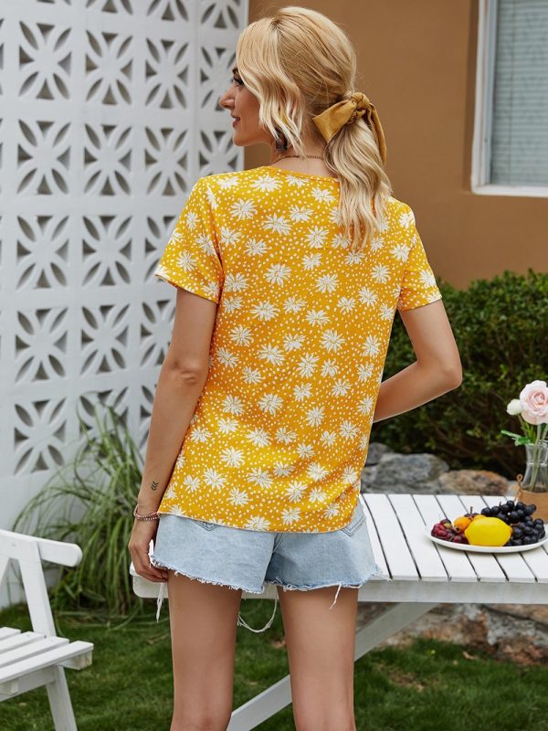 Floral Print Short Sleeve A  line Loose Slimming round Neck Casual Shirt Princess Blouse