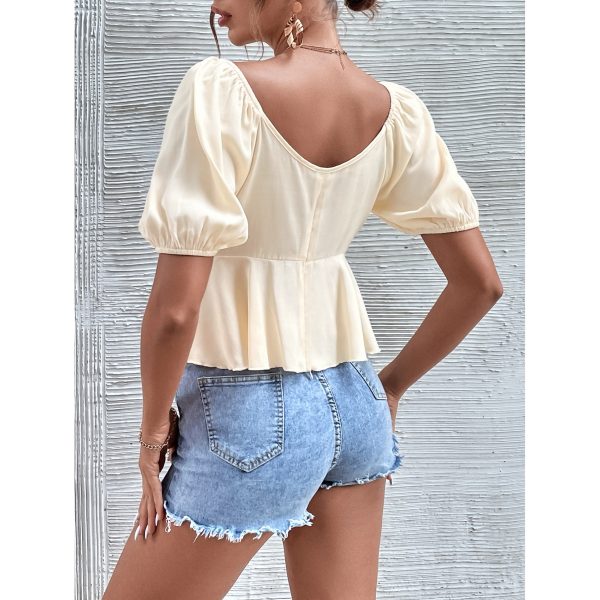 Women  Clothing Exclusive V neck Top Backless Short Sleeve Tied Shirt