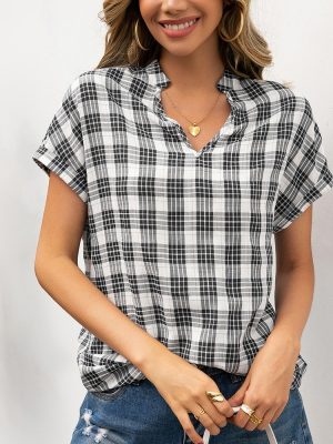 Casual Plaid V Neck Short Sleeve Shirt  Dovetail Plaid Overshirt Women