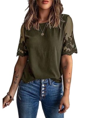 Summer Women round Neck Short Sleeve Top Lace Chiffon Shirt