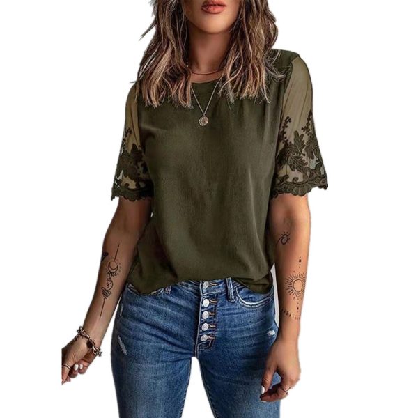 Summer Women round Neck Short Sleeve Top Lace Chiffon Shirt