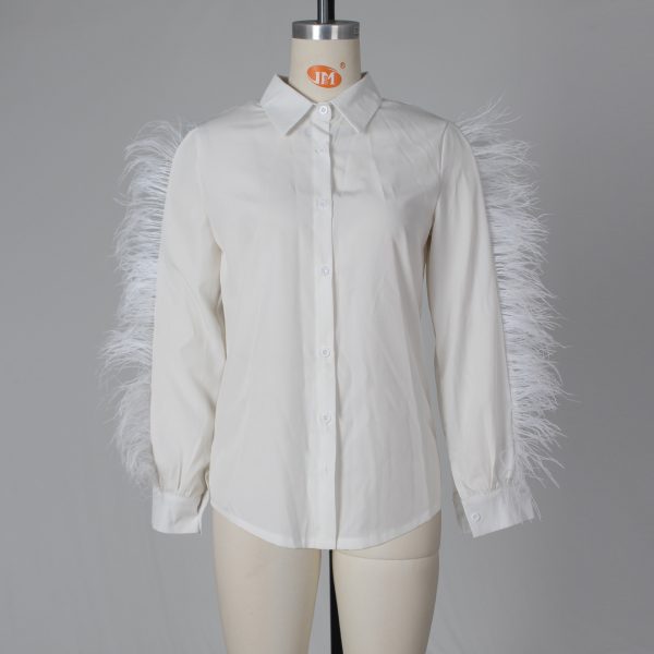 Spring Women Clothing Luxury Ostrich Feather Decorative Shirt