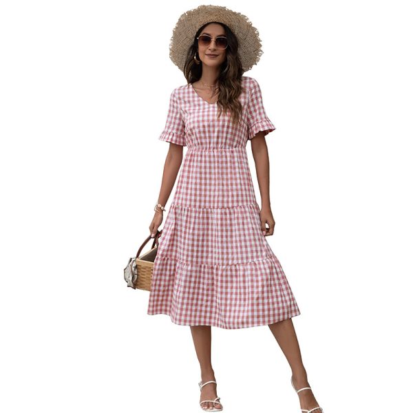 Summer Plaid Printed Dress Ruffle Sleeve Large Swing Casual Dress