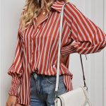 Women Tops Autumn Winter Striped Collared Long Sleeve Casual Loose Shirt