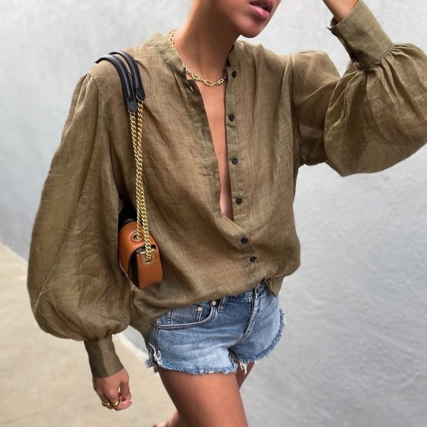 Spring Summer Women Clothing  Solid Color Puff Sleeve Loose Casual Top Shirt