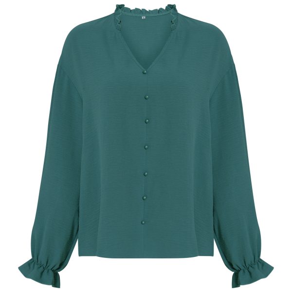 Autumn Winter V-neck Top Women Fastener Decoration Solid Color Shirt