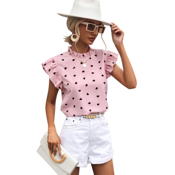 Women Clothing Casual Ruffled Short Sleeves round Neck Polka Dot Shirt Tide