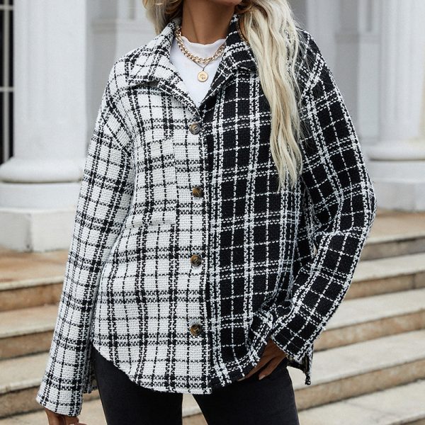 Autumn color block Long Sleeve Shirt Black White Stitching Plaid Single-Breasted Cardigan Women