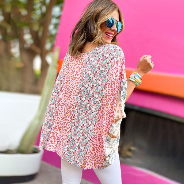 Summer Floral Contrast Color Pullover Top Women Three-Quarter Sleeve T-shirt