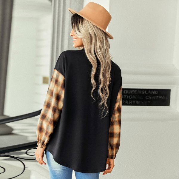 Women Clothing Autumn Winter Plaid Patchwork Top Women Polo Collar Loose Shirt