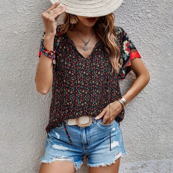 Summer Women Clothing Casual Loose V neck Ethnic Print Short Sleeve Shirt