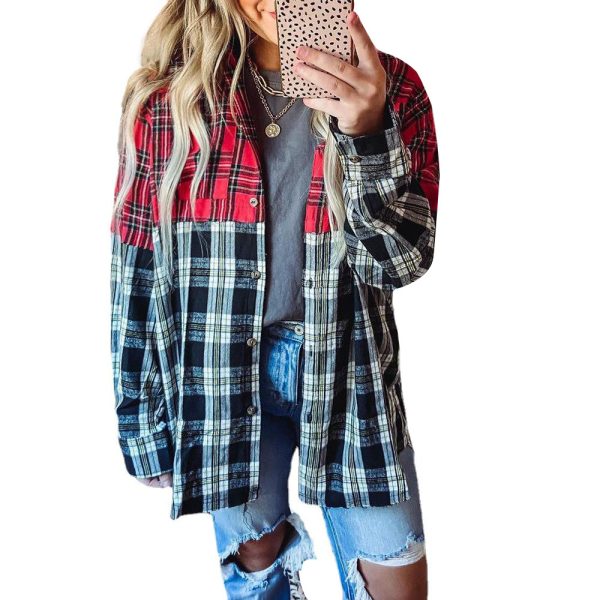 Autumn Winter Plaid Casual Shirt Stitching Printing Long Sleeve Cardigan  Women