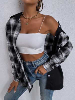 Autumn Winter Black White Plaid Single-Breasted Long Sleeve Shirt Women Collared