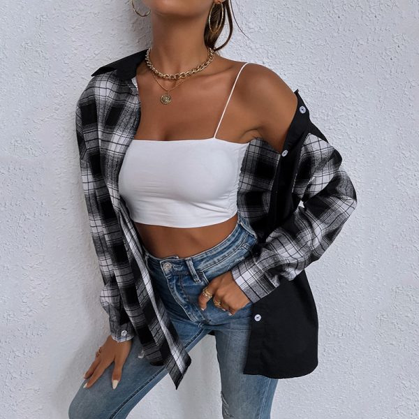 Autumn Winter Black White Plaid Single-Breasted Long Sleeve Shirt Women Collared