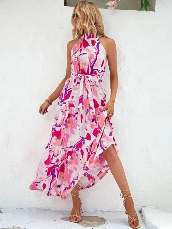 Women Summer Printed Bohemian Sleeveless Ruffled Dress
