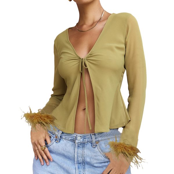 Women Long Sleeved Cardigan Spring Summer Sexy Self Tie Chiffon Shirt Furry Sleeves Sun Protection Shirt