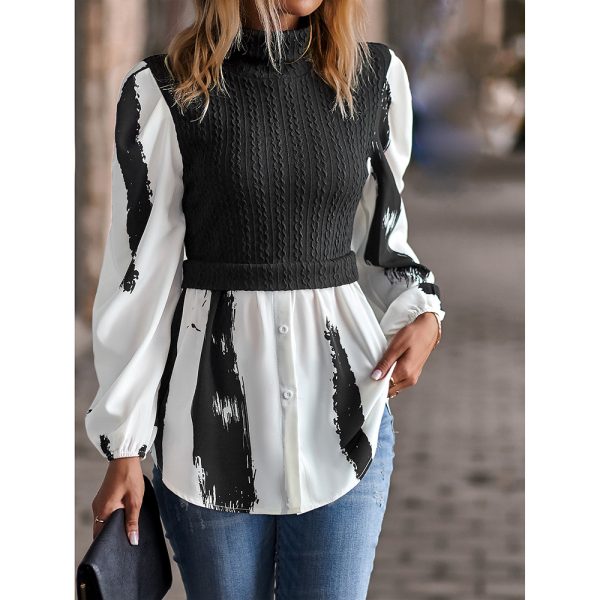 Women Round Neck Patchwork Top Spring Long Sleeve Shirt Women