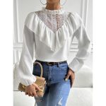 Spring Summer Lace Stitching Lotus Leaf Collar Solid Color Elegant Long Sleeve Top