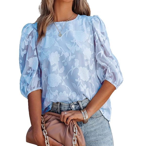 Women Clothing Summer Floral Texture Puff Sleeve Chiffon Loose Sweet Top