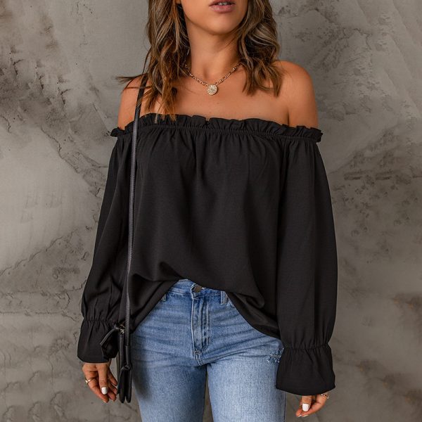 Spring Autumn off Shoulder Sexy off Shoulder Chiffon Shirt Ladies Solid Color Pullover T shirt