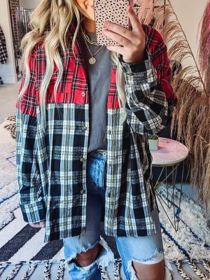 Autumn Winter Plaid Casual Shirt Stitching Printing Long Sleeve Cardigan  Women