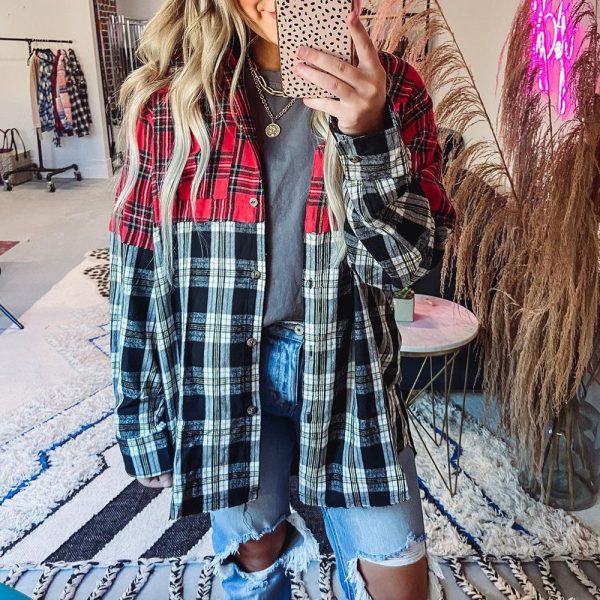 Autumn Winter Plaid Casual Shirt Stitching Printing Long Sleeve Cardigan  Women