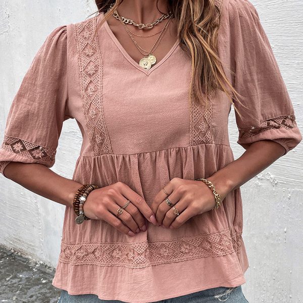 Summer Casual Women Wear Pink Cotton Linen Shirt Women