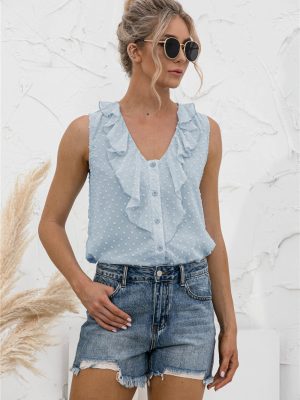 Spring Summer Sexy V-neck Ruffled Spaghetti Straps Button Shirt