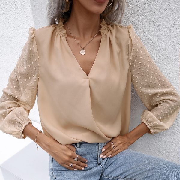 Women Clothing Autumn Puff Sleeve Ladies V neck Long Sleeve Shirt