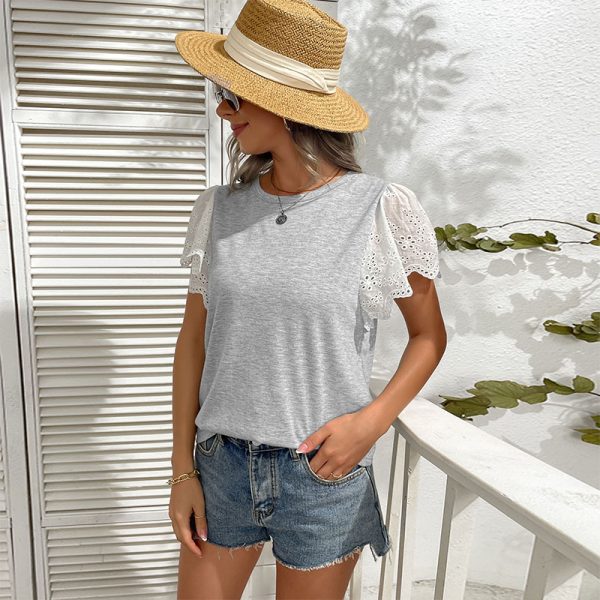 Loose Crew Neck Top Casual Patchwork Short Sleeve Women Summer