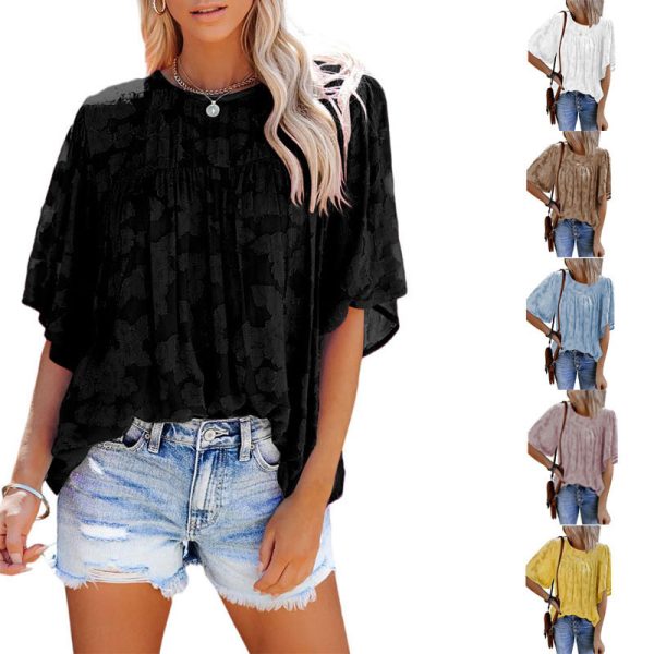 Summer Half Sleeve Lace Shirt Ladies Loose round Neck Pullover