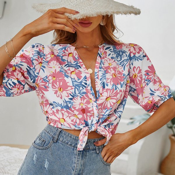 Spring Women Clothing Top Single-Breasted Cardigan Bow High Waist Casual Shirt Women