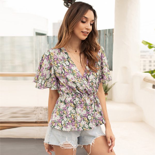 Summer V neck Ruffle Small Floral Tight Waist Shirt