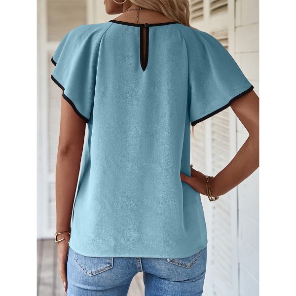 Eaby Shopee Casual Shirt Solid Color Hollow Out Cutout out V neck Back Buttoned Short Sleeve Shirt