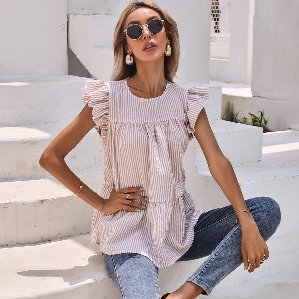 Women Clothing Summer Ruffle Sleeve round Neck Pleated Solid Color Loose Top for Women