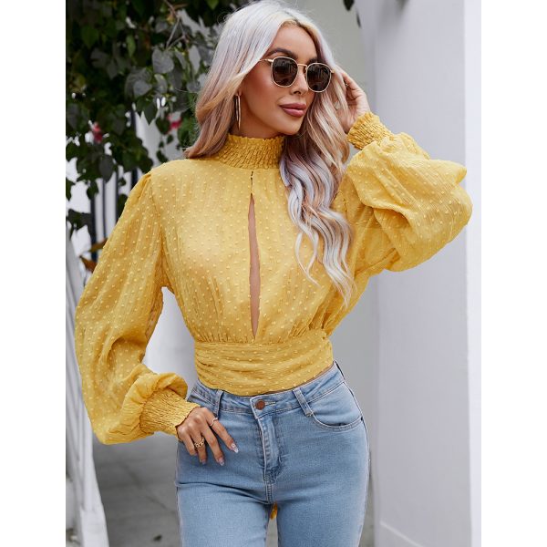 Women Spring Summer Vacation Chiffon Shirt Lantern Long Sleeve Pleated Lace up Casual Top