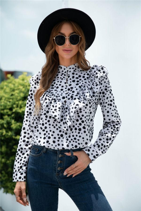 Spring Autumn Casual Polka Dot Ruffled Button Shirt