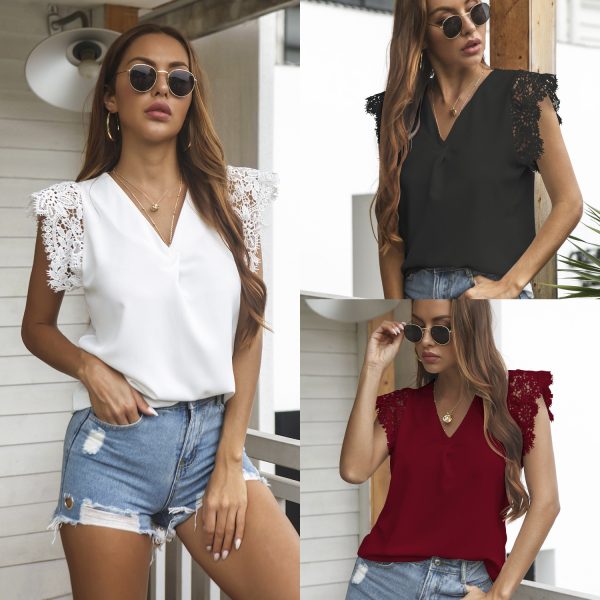 Summer V-neck Lace Sleeve Solid Color Short Sleeve Chiffon Shirt for Women