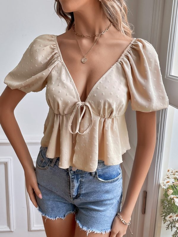 Women  Clothing Exclusive V neck Top Backless Short Sleeve Tied Shirt