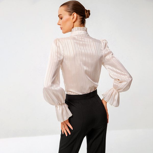 Women Clothing Long Sleeve Stand-up Collar Slim Fit Top Ruffled Buckle Shirt