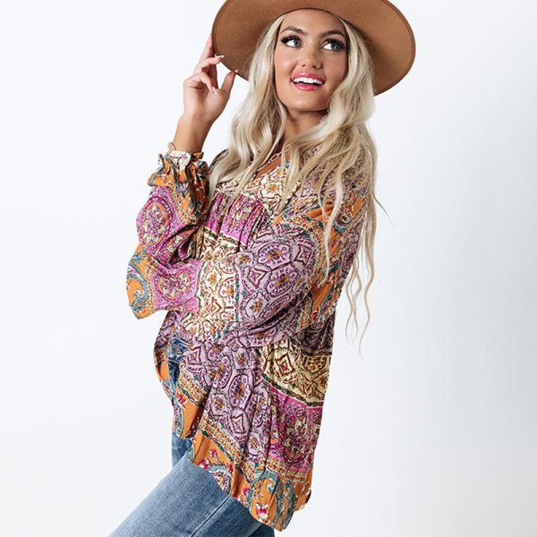 Bohemian Long Sleeved Top Women Autumn Loose V neck Pullover