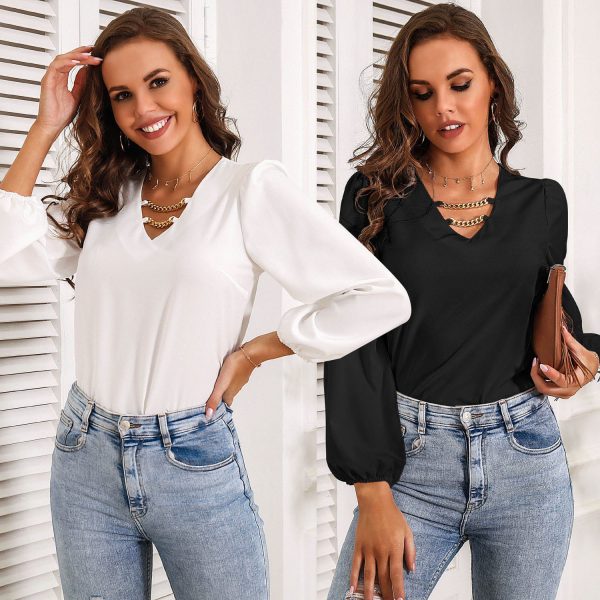 Women Clothing Spring Summer Casual V-neck Chain Chiffon Shirt Lantern Sleeve Shirt