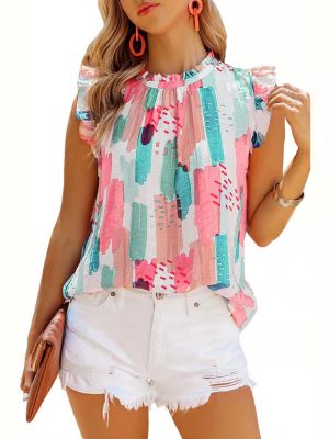 Summer Women Loose Sleeveless Top Color Printed Chiffon Shirt